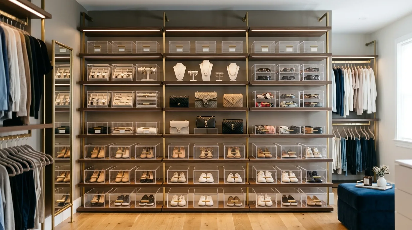 Store shoes and accessories in clear boxes inspiration for a closet.